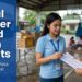 A Filipino social worker with a clipboard checking names at a barangay evacuation center, beside the text "Social Worker Board Exam Results."