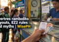 A man at a lotto outlet counter holds a Swertres ticket while the teller prints the next bet, with the last draw result taped to the glass.