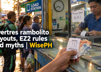 A man at a lotto outlet counter holds a Swertres ticket while the teller prints the next bet, with the last draw result taped to the glass.