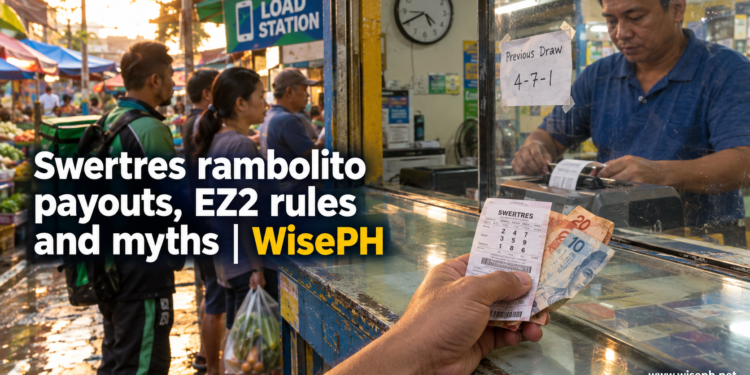 A man at a lotto outlet counter holds a Swertres ticket while the teller prints the next bet, with the last draw result taped to the glass.