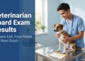 A Filipino veterinarian examining a dog beside a vaccine vial and a pet vaccination card, with the text "Veterinarian Board Exam Results."