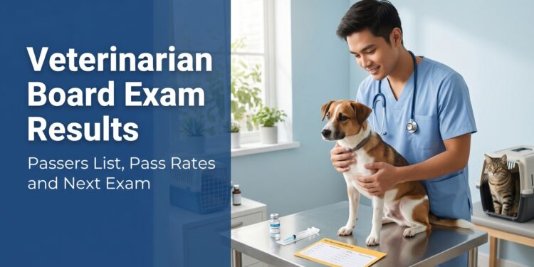 A Filipino veterinarian examining a dog beside a vaccine vial and a pet vaccination card, with the text "Veterinarian Board Exam Results."