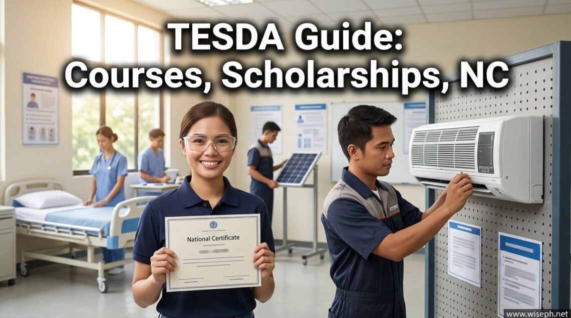 A Filipino trainee proudly holds up her National Certificate in a TESDA training workshop while a classmate services an aircon unit, with the text "TESDA Guide: Courses, Scholarships, NC".